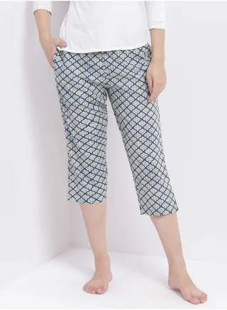 Casual Comfortable Relaxed Fit Three Quarter Pyjama Pants With Matching Scrunchie Blue 