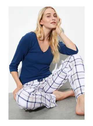 Blue Rib And Off White Check Pyjama Set 