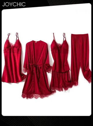5-Piece Spring and Autumn Winter Warm Pyjama Set for Women Ice Silk  Lace Comfortable  and Breathable V-neck Home Sleepwear Wine Red 