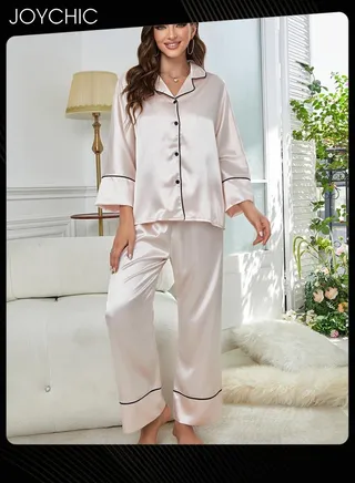 2-piece Classic Spring and Summer Autumn Pajamas Ice Silk Smooth and Comfoty Loose Women's Nightgown Casual Shirt Collar Long-sleeved Trousers Home Clothes Loungewear Champagne 