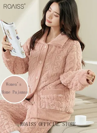 Couple Pajamas Set Long Sleeves Sleepwear for Men and Women Coral Fleece Loungewear Autumn and Winter Warm Home Clothes gift for Boyfriend Girlfriend Husband Wife 
