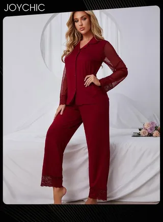 Women's Solid Color Lace Mesh Long-sleeved Trousers Pajamas Set  Casual Breathable Shirt Collar Nightgown for Spring Summer Autumn Wine Red 