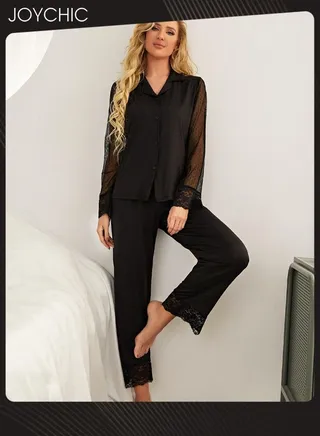 Women's Solid Color Lace Mesh Long-sleeved Trousers Pajamas Set  Casual Breathable Shirt Collar Nightgown for Spring Summer Autumn Black 
