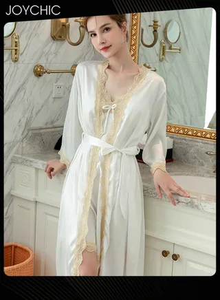 2-piece New Style Ice Silk Mid-length Nightgown for Women Spring and Summer Autumn Lace V-neck Pajamas with Breast Pads Bedroom Home Wear White 