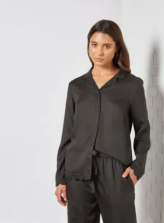 Jane Scalloped Trim Pyjama Shirt Black 