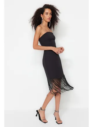 Black Evening Dress with Weave Tassels TPRSS23EL00432 
