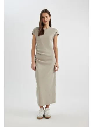 Woman Bodycon Round Collar Short Sleeve Knitted Dress 