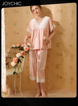 2-piece French Sweet Style Pajamas for Women Spring Autumn and Summer Short-sleeved Cropped Pants Lace V-neck Comfortable Nightgown Pink 
