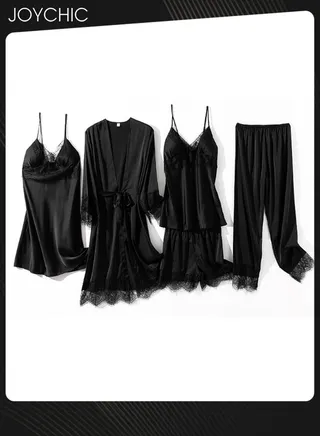 5-Piece Spring and Autumn Winter Pyjama Set for Women Ice Silk Lace Comfortable and Breathable  V-neck Home Sleepwear Black 