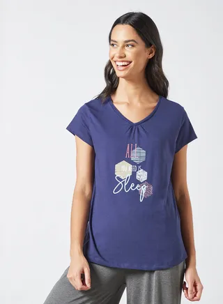 Slogan Print Pyjama Top Navy 