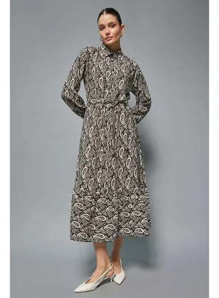 Woman Shirt Neck Long Sleeve Long Sleeve Woven Dress 