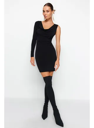 Black Evening Dress with Collared Collar TPRAW24EL00075 