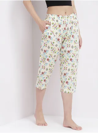 Casual Comfortable Relaxed Fit Three Quarter Pyjama Pants With Matching Scrunchie Beige 