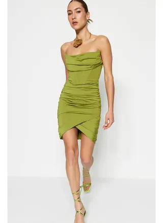Oil Green Fitted Lined Knitted Corset Detailed Evening Dress TPRSS23EL00174 