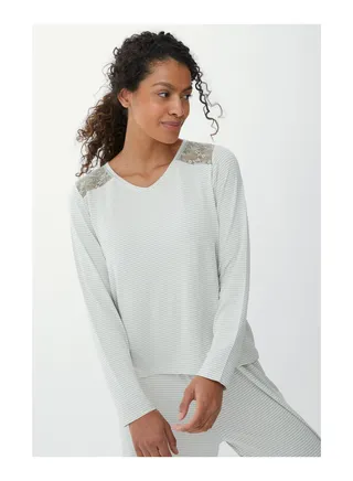 Stripe Viscose Jersey Long Sleeve Top With Lace 
