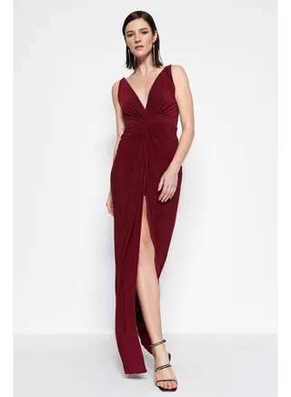 Burgundy Lined Knitted Long Evening Evening Dress TPRSS19UT0099 