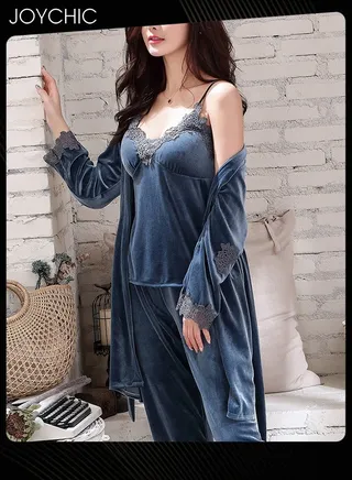 4-piece Spring and Autumn Winter Gold Velvet Warm Windproof Pajamas Set for Women Long-Sleeved Trousers Suits Sweet Lace Design V-neck Home Sleepwear with Chest Pads Blue 