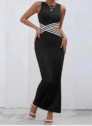 SHEIN Striped Print Crisscross Cut Out Waist Bodycon Dress 