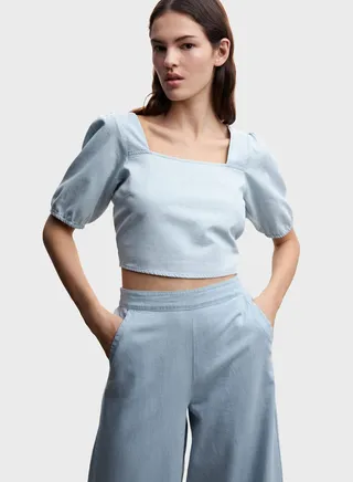 Puff Sleeve Square Neck Crop Top 