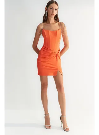X Zeynep Tosun Orange Accessorized Corset Detail Dress TCLSS23EL00015 