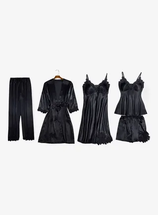 5-Piece Lace Detail Sleepwear Pyjamas Set Black 