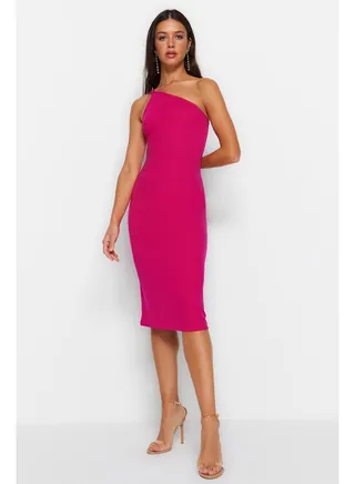 Fuchsia One Shoulder A-Line/A-Line Form Midi Smart Crepe Strap Knitted Dress TWOSS23EL02303 