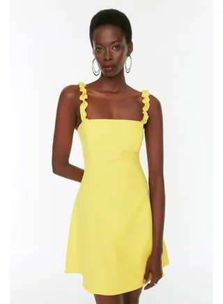 Yellow A-line Square Collar Strap Detailed Mini Woven Dress TWOSS22EL2175 