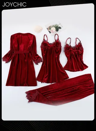 4-piece Spring and Autumn Winter Gold Velvet Warm Windproof Pajamas Set for Women Long-Sleeved Trousers Suits Sweet Lace Design V-neck Home Sleepwear with Chest Pads Wine Red 