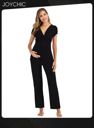 2-piece Solid Color Maternity Women Modal Loose Comfortable and Breathable Pajama Set Spring and Summer Autumn Short-sleeved Trousers Sleepwear Home Clothes Black 