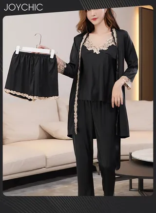 5-piece Spring Summer Autumn Winter Women's Pajamas Ice Silk Thin Nightgown Comfty Woven Belt Design Suspenders Black 