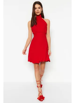 Red Skater Skirt Halter Neck Woven Dress TWOSS21EL1538 