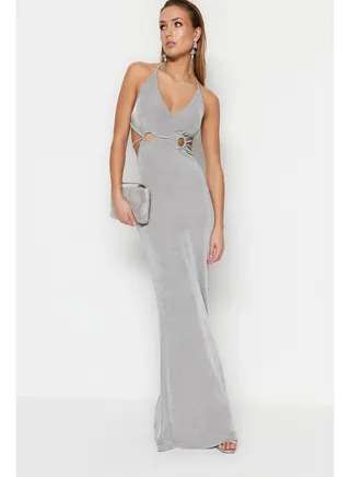 Gray Fitted Evening Dress With Knitting Out Detailed and Shimmering TPRSS23AE00015. 