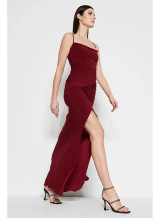 Claret Red Knitted Evening Dress TPRSS22AE0112 