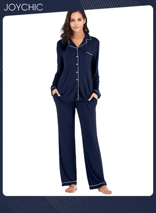2-piece Classic Spring and Summer Autumn Pajamas Modal Skin-friendly Loose Women's Nightgown Casual Shirt Collar Long-sleeved Home Clothes Loungewear Navy Blue 