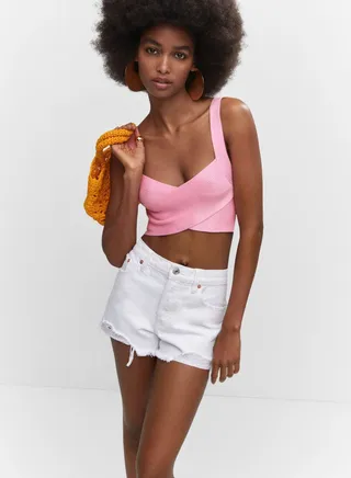 Ribbed Surplice Neck Crop Top 