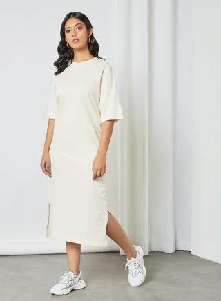 Round Neck Midi Dress Off-White 