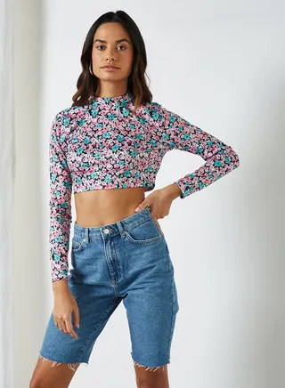 Floral High Neck Crop Top Multi 