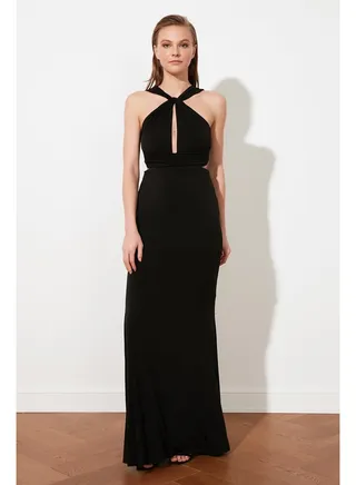 Black Lined Knitted Evening Dress TPRSS21AE0049 