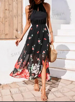 SHEIN VCAY Floral Printed Keyhole Neckline Slit Hem Belted Dress 