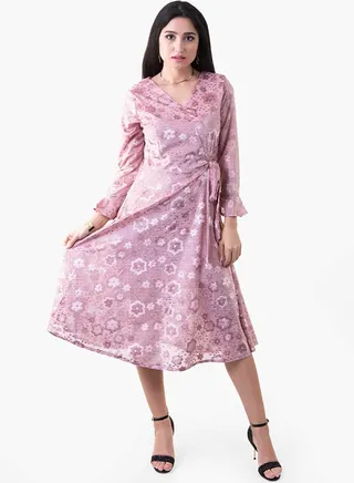 Velvet Floral Long Sleeve Dress Pink 