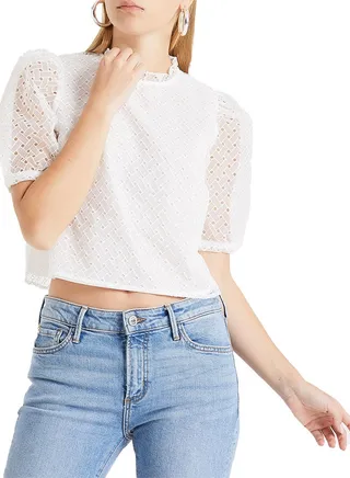 Organza Lace Sleeve Crop Top White 