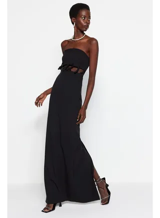 Black Weave Evening Dress With Window/Cut Out Detailed Evening Dress TPRSS23AE00046 