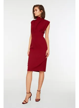 Claret Red Stand-Up Collar Midi Woven Dress TWOAW20EL0311 