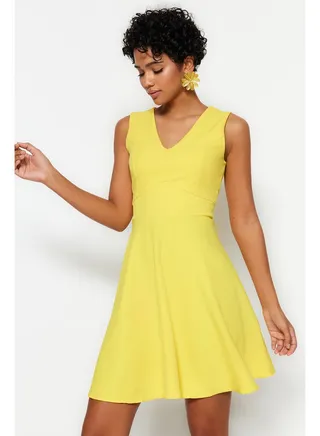 Yellow Waist Opening Mini V-Neck Woven Dress TWOSS19BB0210 