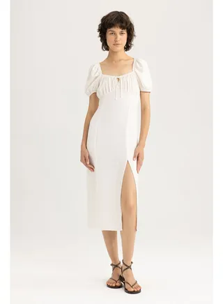 Woman A Line V Neck Short Sleeve Woven Dress 