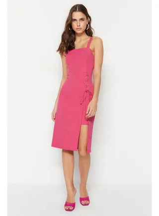 Fuchsia Body Hugging Eyelet Detailed Slit Square Collar Midi Woven Dress TWOSS19EL0079 