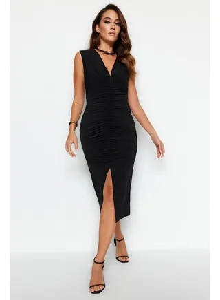Black Fitted/Sleeved Gathered Detail Midi Stretch Knit Dress TWOSS23EL00751 