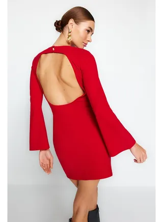 Red Knitted Mini Dress with Open Back Spanish Sleeves TWOAW24EL00121 