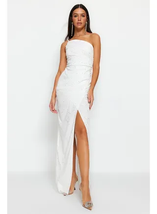 Ecru Woven Lined Shiny Sequin Wedding/Wedding Long Evening Evening Dress TPRSS23AE00261 