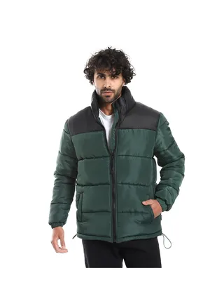 Quilted Pattern Long Sleeves Puffer Jacket - Black & Dark Green 